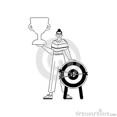 The Guy is holding a cup . home of victory . entire dark and whiten linear manner. Trendy style, Vector Illustration Vector Illustration