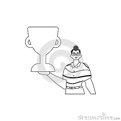 The Guy is holding a cup . national of victory . black and whiten linear manner. Trendy style, Vector Illustration Vector Illustration