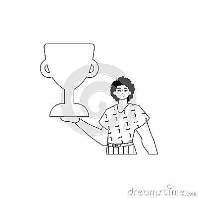 The Guy is holding a cup . national of victory . black and whiten linear manner. Trendy style, Vector Illustration Vector Illustration