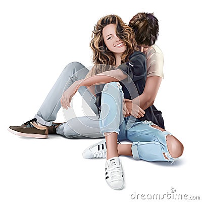 The guy hugs the girl. Watercolor painting Editorial Stock Photo