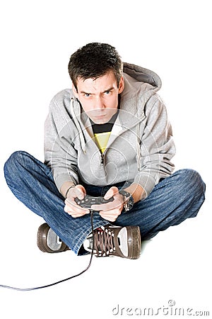 Guy with a joystick for game console. Isolated Stock Photo