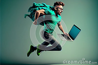 guy jumping going using laptop isolated over bright blue color background Cartoon Illustration