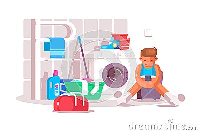 Guy in laundry room Vector Illustration