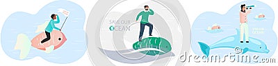 Guy looking at spyglass while standing on large dolphin. Save our ocean concept. Man is riding fish Vector Illustration