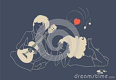 Guy in love playing the guitar for his girlfriend Vector Illustration