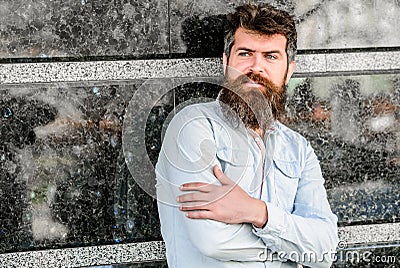 Guy masculine appearance with long beard. Barber concept. Beard grooming. Beard care. Man attractive bearded hipster Stock Photo