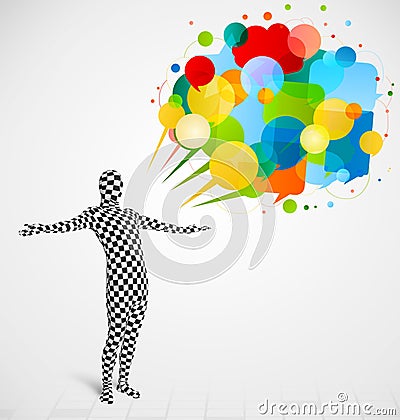 Guy in morphsuit looking at colorful speech bubbles Stock Photo