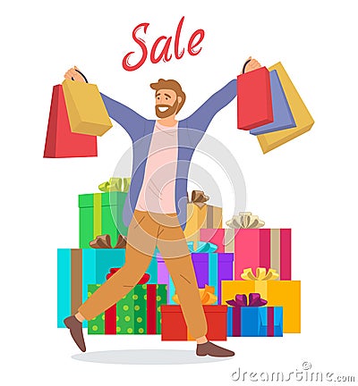 Guy picks up multi-colored packages. Big gift boxes on the background. Holliday sale concept Vector Illustration