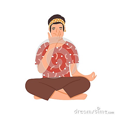 Guy practicing pranayama flat vector illustration. Young man exercising special breathing techniques cartoon character Vector Illustration