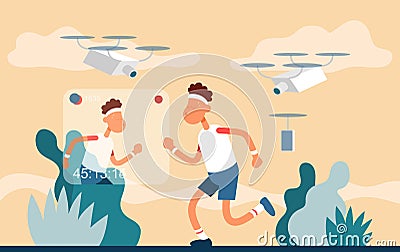 Guy removes the process of doing sports on the street. Cartoon icon. Vector Illustration