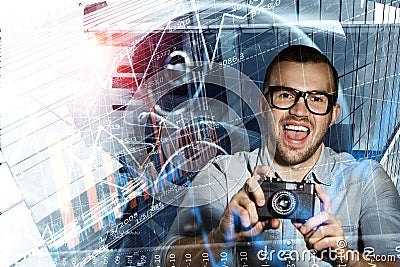 Guy with retro photocamera. Mixed media Stock Photo