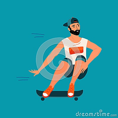 Guy Riding Skateboard. Skateboarder With Beard In Modern Clothes and Cap Preparing to Jump. Card, Poster or Web Design Vector Illustration