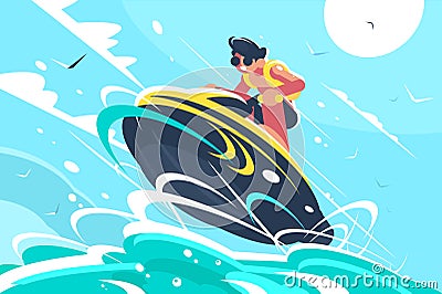 Guy riding water scooter in sea Cartoon Illustration