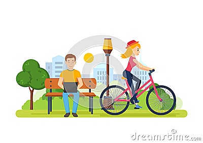 Guy running remotely on freelance, next the girl rides bicycle. Vector Illustration