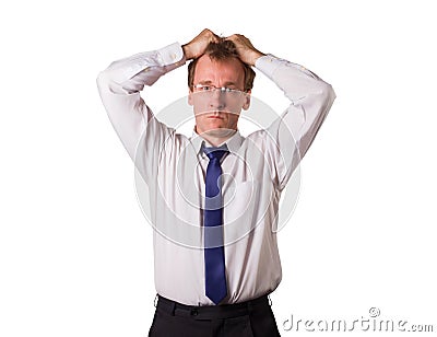 The guy in the shirt and tie clutches his head. Things are going bad. Isolated Stock Photo