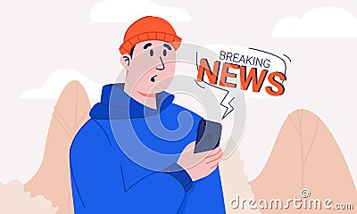 Guy with shocked face holding smartphone with breaking news notification bubble. Information stress. Vector Illustration