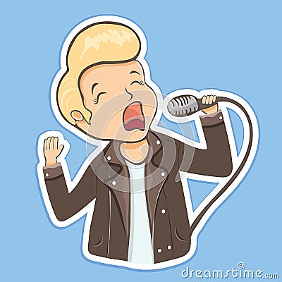 Guy sing into the microphone sticker, cartoon character, hand drawing. Boy with hair laid in a coc in leather jacket holds a Vector Illustration