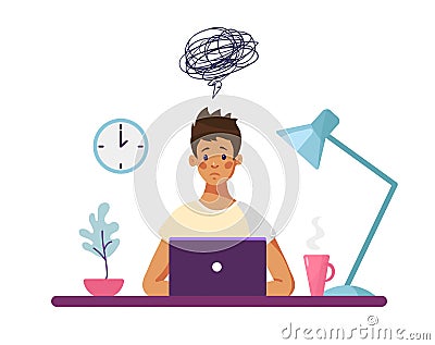 The guy sits at a desk with a computer and thinks about the difficulties encountered. Concept illustration, boy unhappy Vector Illustration