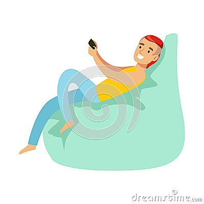 Guy Sitting On Beanbag With Smartphone,Part Of Happy Gamers Enjoying Playing Video Game, People Indoors Having Fun With Vector Illustration