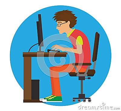 The guy is sitting at the computer. Vector. Vector Illustration