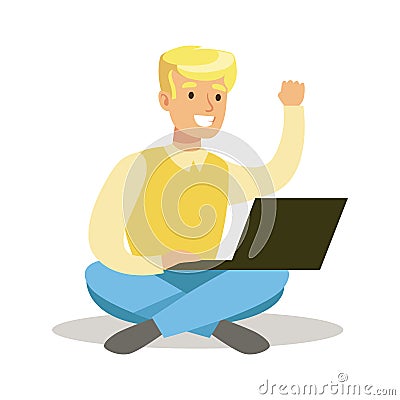 Guy Sitting On The Floor With Lap Top, Part Of Happy Gamers Enjoying Playing Video Game, People Indoors Having Fun With Vector Illustration