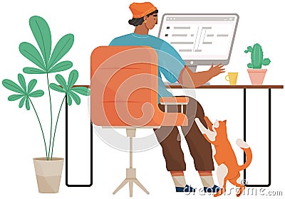 Guy sitting at workplace with pet. Freelancer with laptop working and spending time with cat Vector Illustration