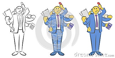 Guy with six hands holding objects. Worker with multitasking and multi skill. Not enough hands. Can not get in time. Super busines Vector Illustration