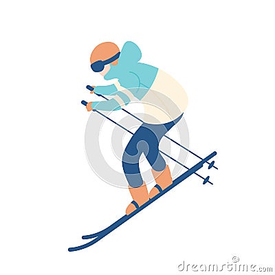 Guy in snow suit skiing. Man on skis, sportsman or freerider taking part in downhill or slalom competition. Extreme Vector Illustration