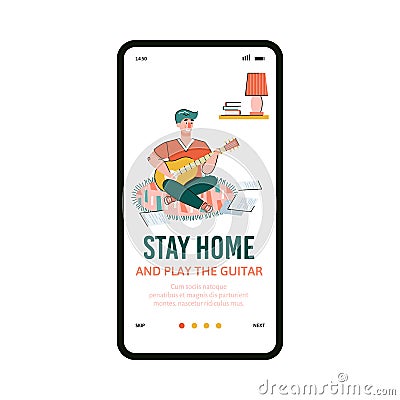 The guy stays at home in quarantine and plays guitar. Vector Illustration