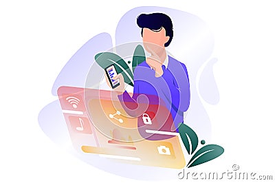 Guy is studying a new, modern interface. Vector Illustration