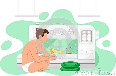 Guy in swimsuit after bath is looking at stack of green cloth. Sewing machine vector illustration Vector Illustration