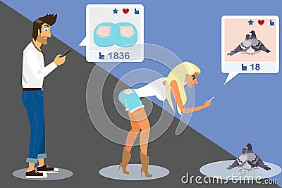 Guy is taking a snapshot of blond woman for social Vector Illustration