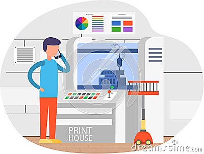 Guy talking on smartphone while working with printer. Employee works with equipment in typography Vector Illustration