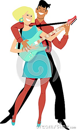Guy teaches girl to play a guitar Vector Illustration