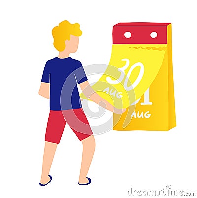 Guy tears off a tear-off calendar page. Time management, planning or waiting for an event. Vector Illustration
