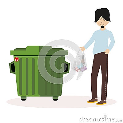 The guy throws the waste package into the garbage can. Flat character isolated on white background. Vector, illustration Vector Illustration