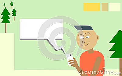 Guy uses Mobile App with Great Enthusiasm and Eagerness. Vector Illustration