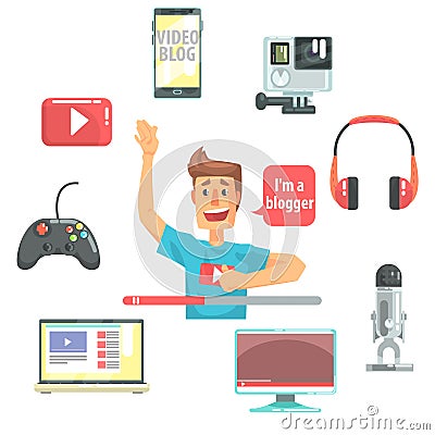 Guy Video Blogger And His Recording Equipment, Set Of Blog And On Line Blogging Icons Around A Show Host Vector Illustration