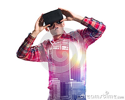 Guy wearing checked shirt and virtual mask demonstrating shock or surprise Stock Photo
