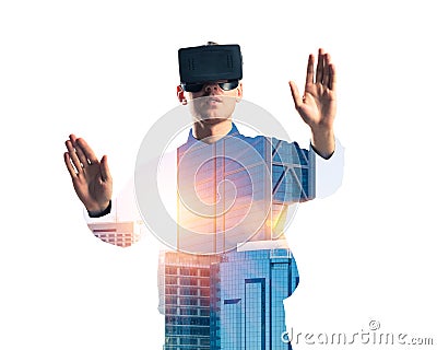 Guy wearing checked shirt and virtual mask stretching hands and Stock Photo