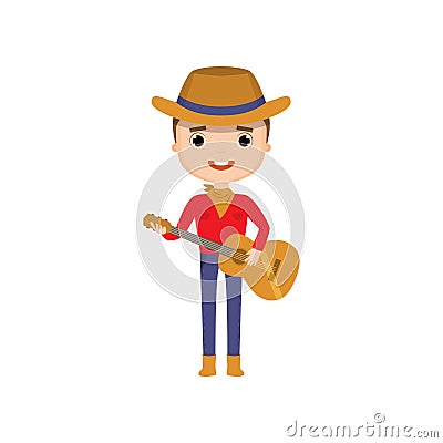 Guy wearing cowboy clothes playing guitar isolated on white background Vector Illustration