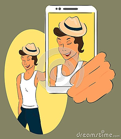 Guy wearing hat is taking selfie. Handdrawn vector Vector Illustration