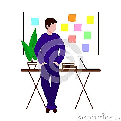 The guy in the workplace stands with his hands in his pockets. Behind him is a Board with stickers on it. Vector Illustration