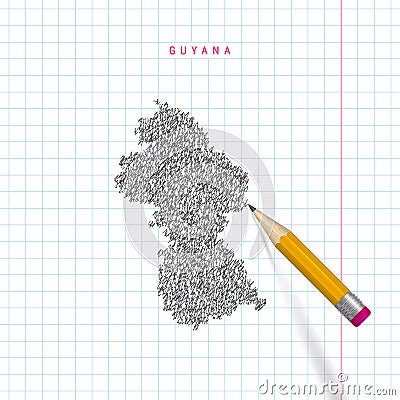 Guyana sketch scribble vector map drawn on checkered school notebook paper background Vector Illustration