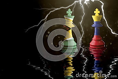 Guyana and Venezuela flags paint over on chess king. 3D illustration Guyana vs Venezuela crisis Cartoon Illustration