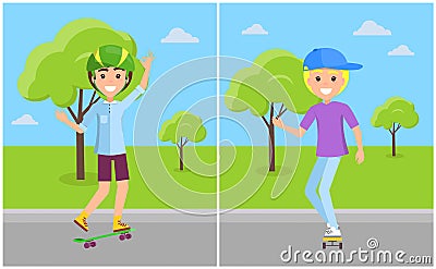 Guys in Caps and Helmets on Skateboards Teenagers Vector Illustration