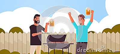 Guys couple preparing meat on grill african american men drinking beer outdoor friends having fun backyard picnic Vector Illustration