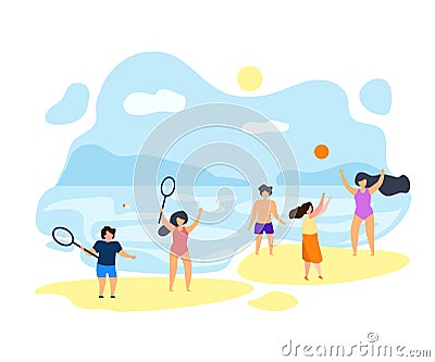 Guys Play Badminton in Summer on Beach Vector Flat Vector Illustration