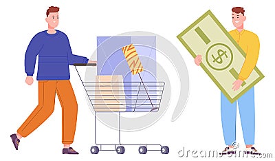 Guys shopping. Man pushing trolley with purchase. Person hold money Vector Illustration