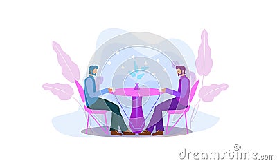 Guys are sitting at a table in a cafe drinking coffee. Men in a restaurant, dating gay love. Flat modern illustration Vector Illustration